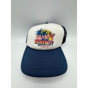 Playboy Sunset Trucker Hat Navy Blue White Mesh Snapback Palm Trees Bunny